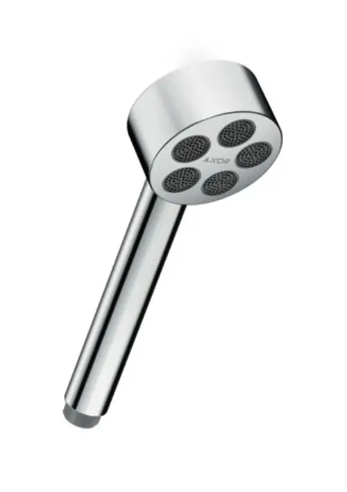 Handbrause von AXOR mit runder Kopfoberfläche und mehreren Strahlöffnungen, in glänzendem Chrom-Finish. Langer, schmaler Griff für eine einfache Handhabung.
